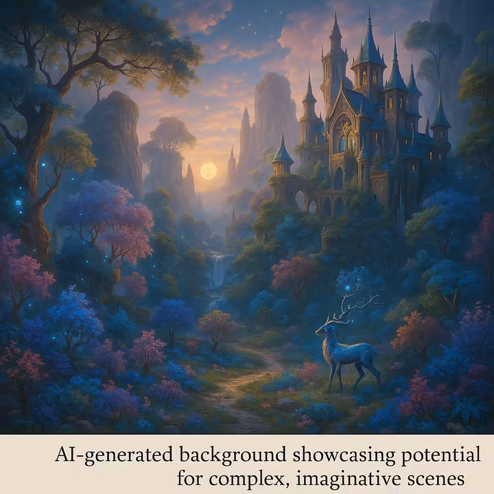 Example of an AI-generated fantasy landscape background, showcasing complex details and imaginative scenery.