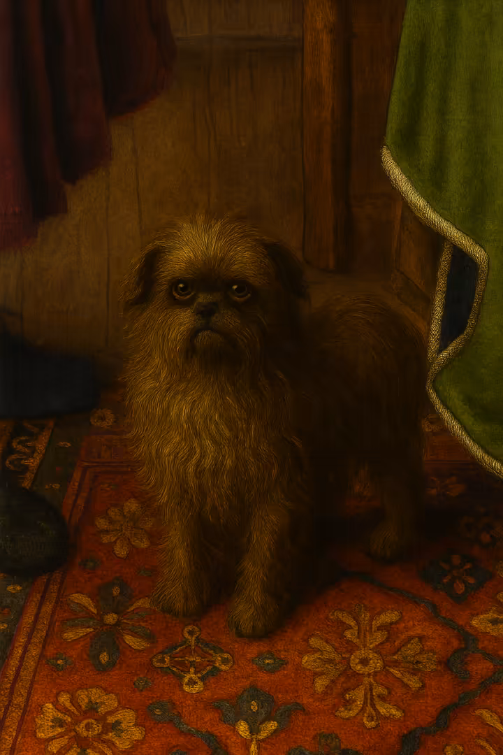 Detail from Jan van Eyck's Arnolfini Portrait showing the small dog in the background, a symbol of fidelity.