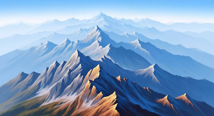 Painting of a mountain landscape demonstrating atmospheric perspective, with distant mountains appearing lighter, bluer, and less detailed.