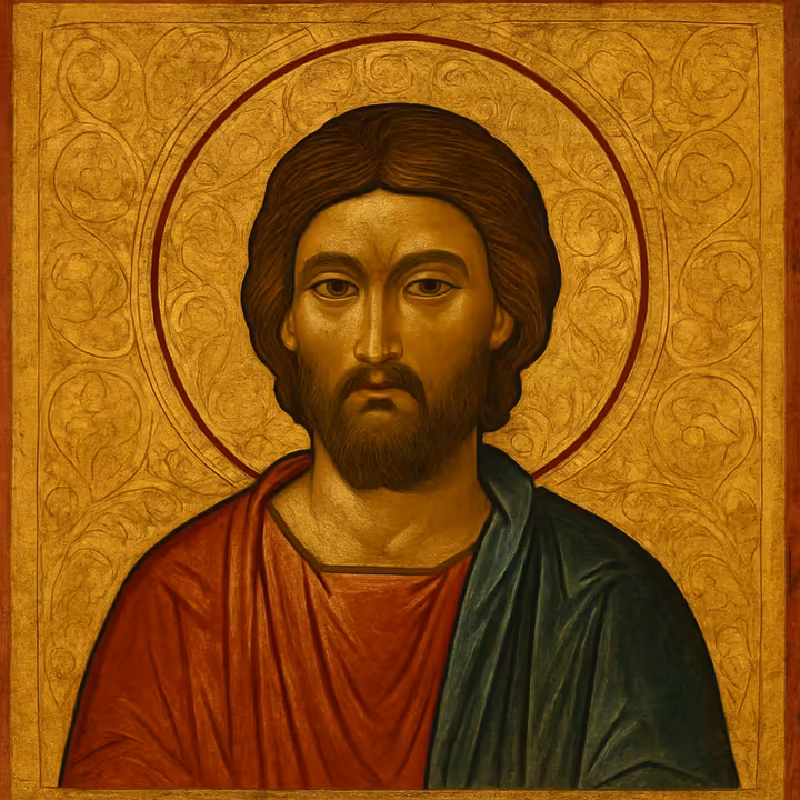 Byzantine icon of a saint with a characteristic flat gold leaf background symbolizing divinity.