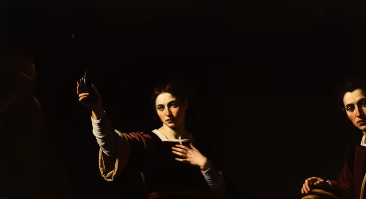 Detail from a Caravaggio painting illustrating tenebrism, with figures emerging dramatically from a dark background.