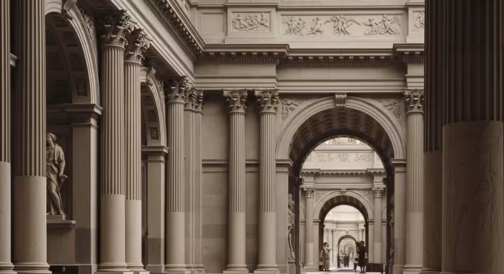 Detail of the architectural background in Jacques-Louis David's 'Oath of the Horatii,' showing austere Roman arcades.