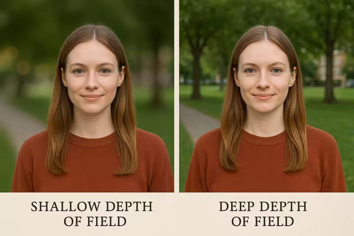 Two photos side-by-side: one with shallow depth of field (blurred background), one with deep depth of field (sharp background).