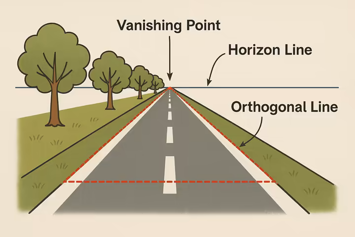 Diagram clearly showing orthogonal lines converging to a vanishing point on a horizon line, illustrating linear perspective.