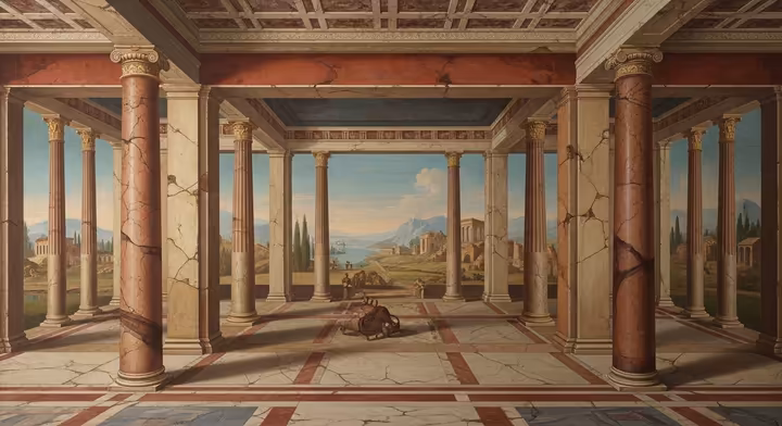 Recreation of a Roman mural in the Second Pompeian Style, showing illusionistic architectural vistas and landscapes.