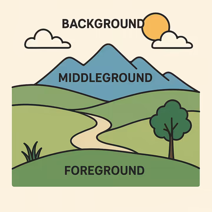 Diagram illustrating foreground, middleground, and background in a simple landscape.
