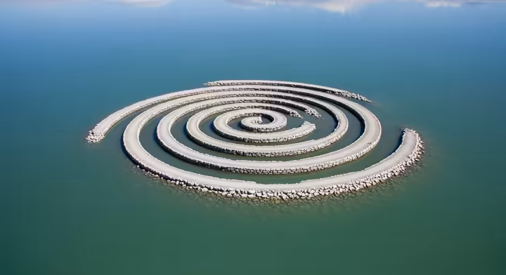Aerial view of Robert Smithson's 'Spiral Jetty,' an earthwork in the Great Salt Lake, where the environment is the artwork.