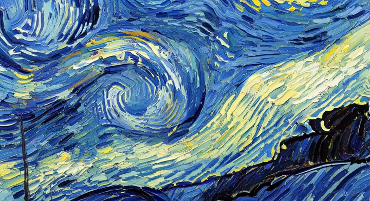Detail of the swirling, expressive sky in Van Gogh's 'Starry Night,' showcasing emotional use of background.