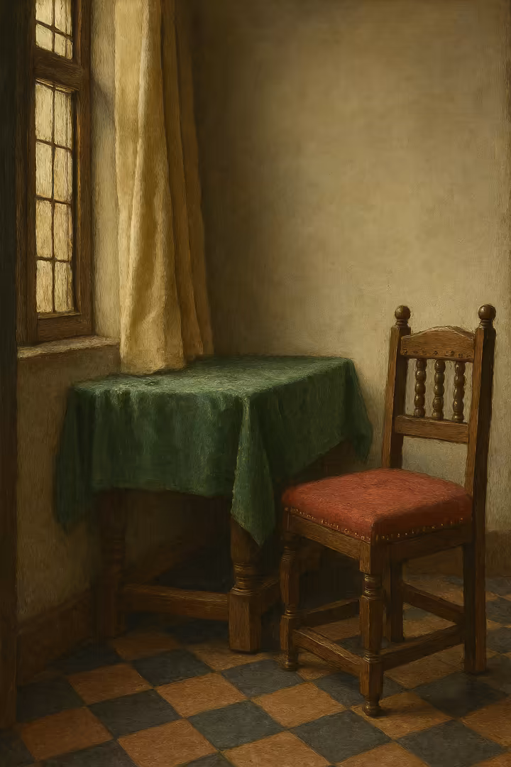 Detail from a Vermeer painting showing a meticulously rendered interior with soft light from a window illuminating textures and objects in the background.