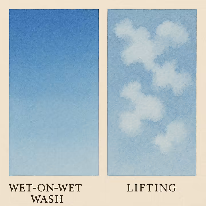 Examples of watercolor background techniques: a smooth wet-on-wet wash for a sky, and lifting color to create clouds.