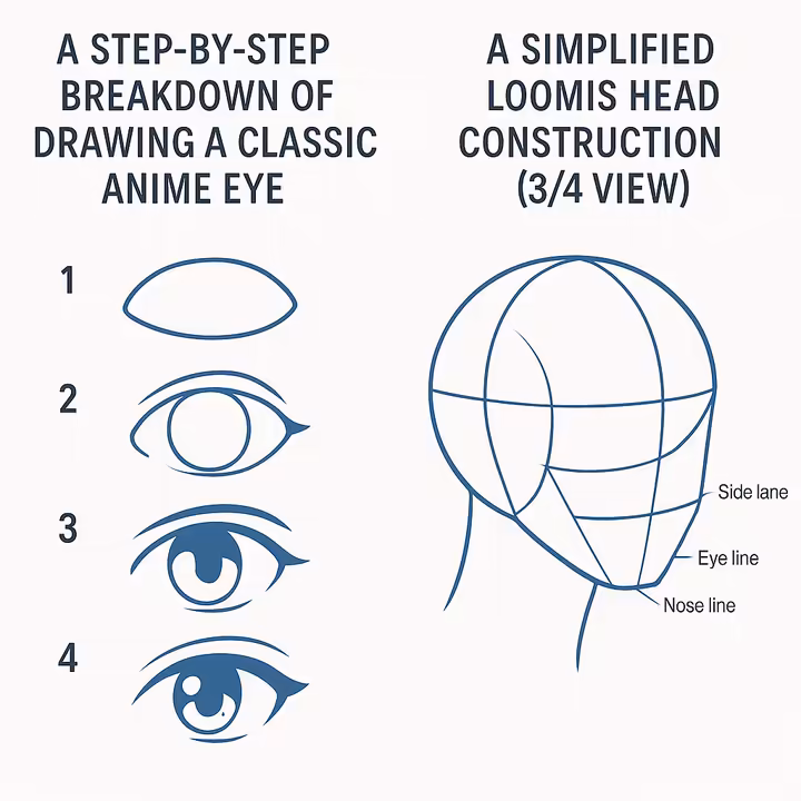 Split image showing an anime eye construction and a Loomis head diagram.