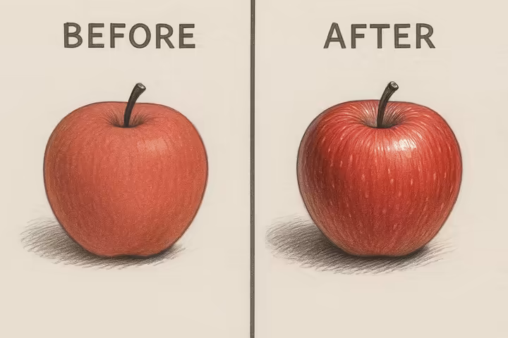 Before and after of an apple drawing, showing added 3D effect with highlights and texture.