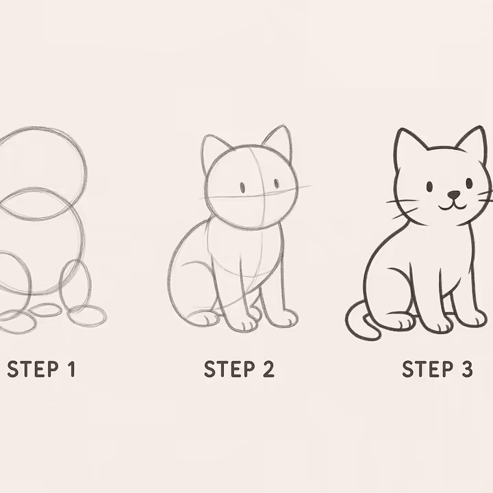 Step-by-step construction of a cat using basic shapes, illustrating a foundational drawing hack.