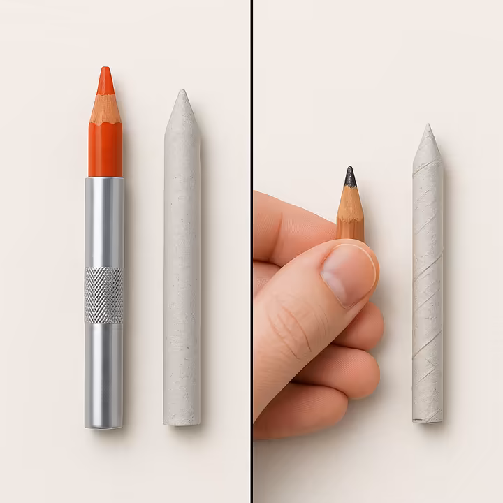 Split panel showing store-bought vs. DIY art tools like pencil extenders and blending stumps.
