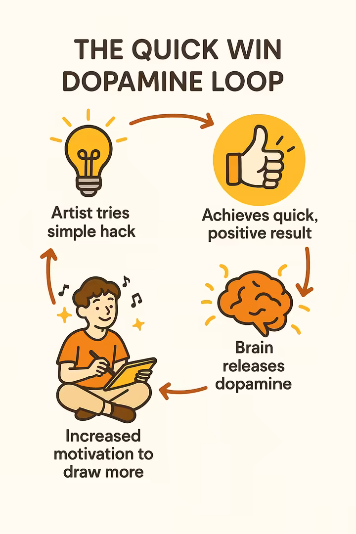 Infographic illustrating the dopamine loop in learning to draw with hacks.