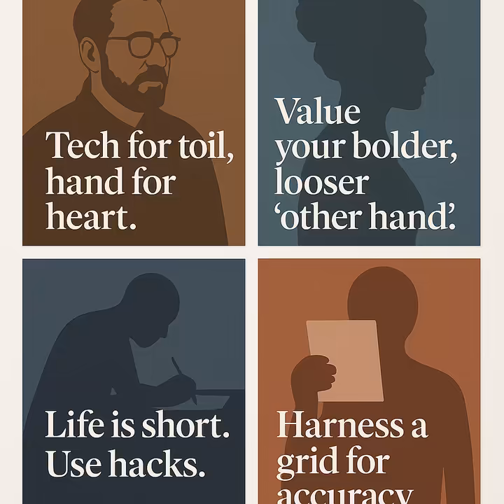 Series of stylized quote cards featuring insights from professional artists on their drawing 'hacks'.