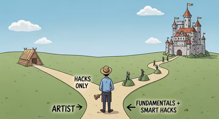 Cartoon showing two paths: 'Hacks Only' leading to a flimsy structure, 'Fundamentals + Smart Hacks' to a solid castle.