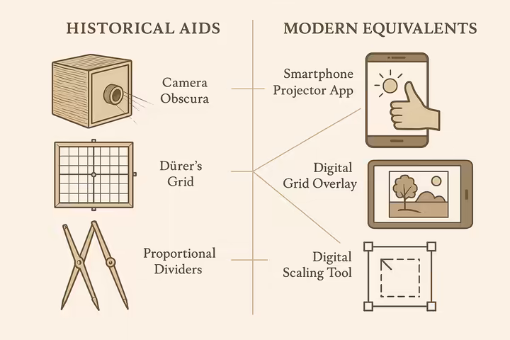 Timeline showing evolution of drawing aids from historical to modern.