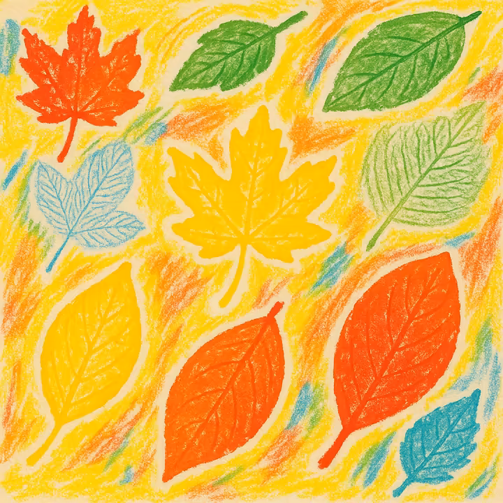 Colorful artwork created by a child using leaf stencils and paint.