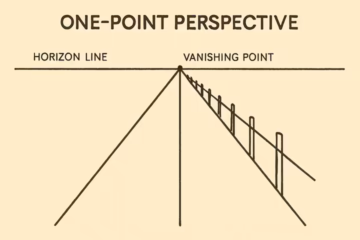 Simple drawing of a road receding to a single vanishing point on the horizon.