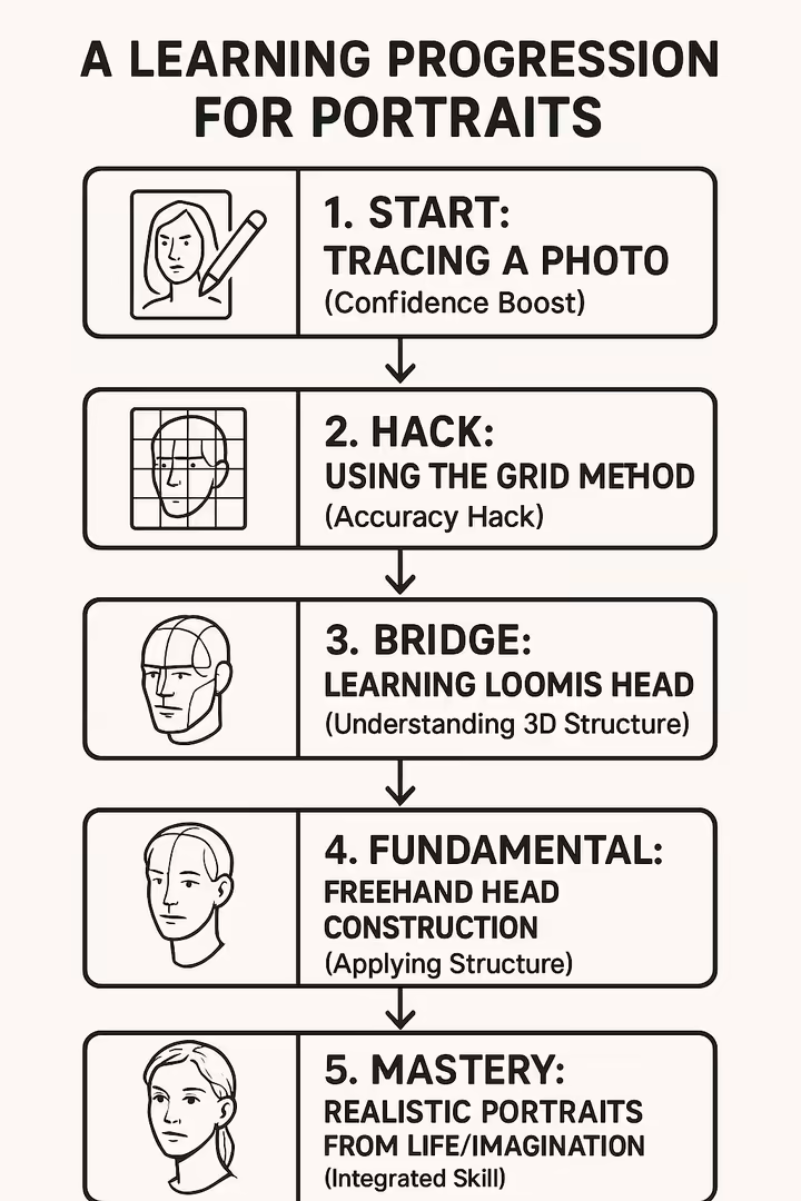 Flowchart showing learning progression for portraits, from tracing to freehand mastery.