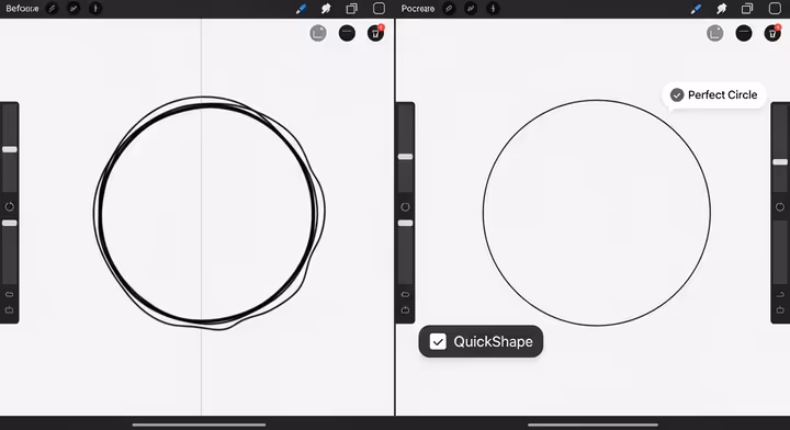Demonstration of Procreate's QuickShape feature transforming a wobbly circle into a perfect one.