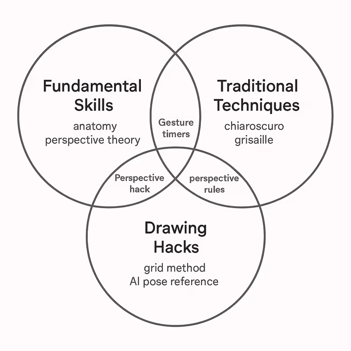Venn diagram showing intersections of Fundamental Skills, Traditional Techniques, and Drawing Hacks.