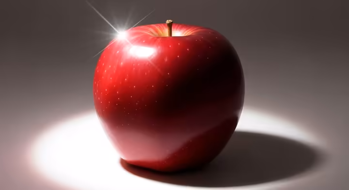 A realistic illustration of a red apple showing how light creates different color variations. The apple has a bright white highlight (tint), a dark red area on the side away from the light (shade), and various mid-tones that give it a round, 3D appearance.