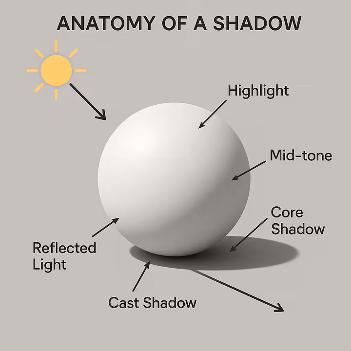 An educational diagram showing the anatomy of a shadow on a matte white sphere, labeled with Highlight, Mid-tone, Core Shadow, Reflected Light, and Cast Shadow.