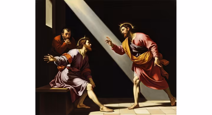 Caravaggio's painting 'The Calling of Saint Matthew', showing a stark beam of light illuminating figures in a dark room, a prime example of tenebrism.