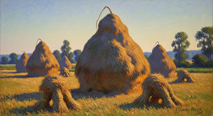 Claude Monet's painting 'Haystacks (End of Summer)', showing the subject bathed in the warm, colored light of a setting sun, demonstrating the Impressionist focus on light.