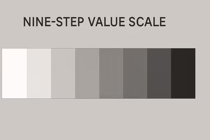 A nine-step grayscale value scale, showing a smooth transition from pure white to solid black.