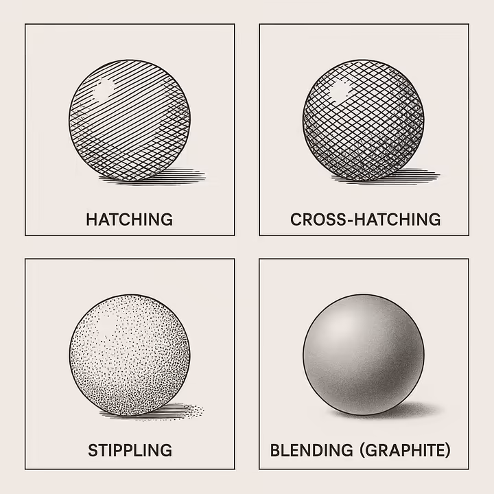 A chart showing four different shading techniques: hatching, cross-hatching, stippling, and blending, each applied to a simple sphere.
