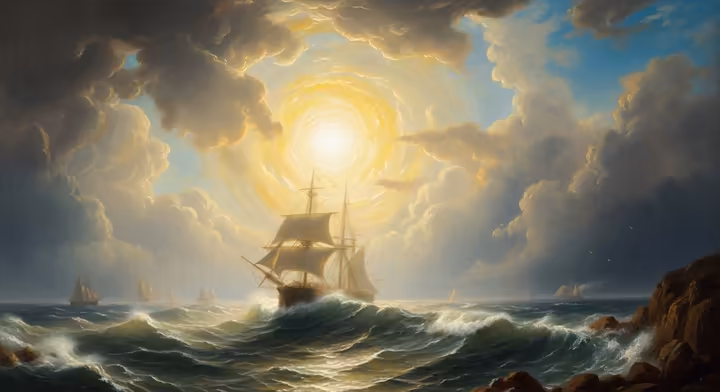 A dramatic seascape by J.M.W. Turner where the sun breaks through stormy clouds, dissolving ships and waves into atmospheric light and color.