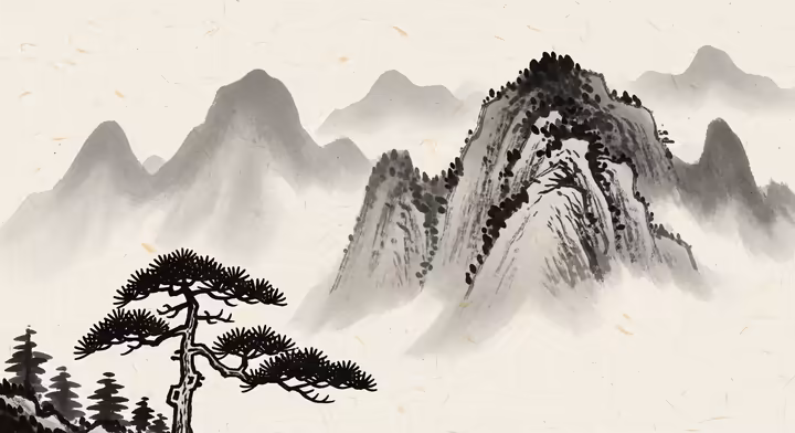 A traditional East Asian ink wash painting of a mountain landscape in varying shades of black ink.