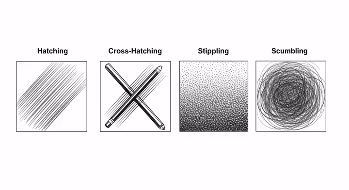 An illustration showing different drawing techniques like hatching, cross-hatching, and stippling with a graphite pencil.