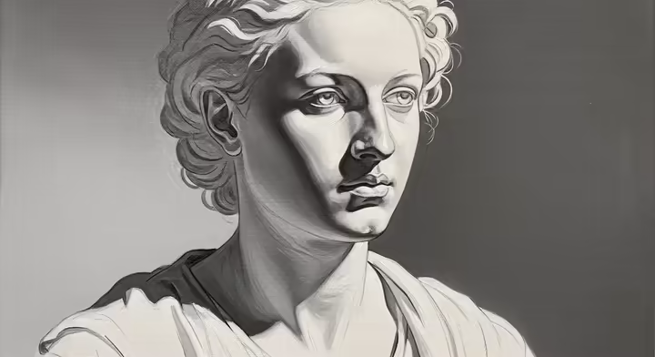 A painting in progress, showing the grisaille (grayscale) underpainting of a classical portrait.