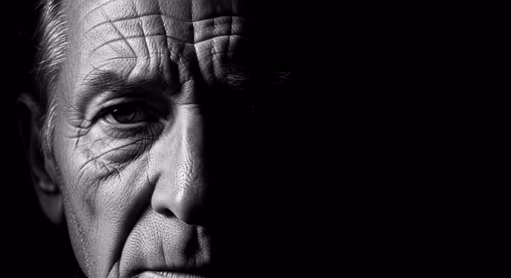 A dramatic black and white portrait demonstrating high contrast with deep shadows and bright highlights.