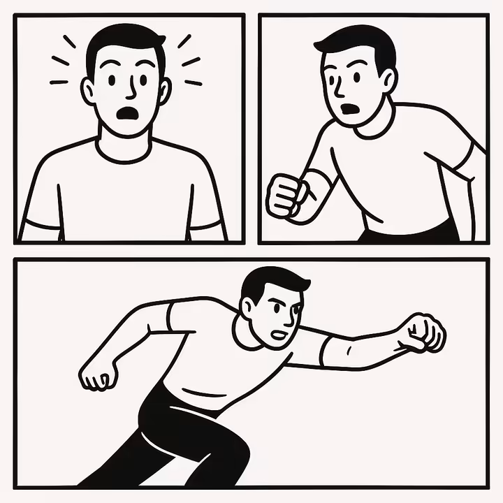 A stylized depiction of three comic book panels showing a character performing a sequence of actions, illustrating sequential imagery.