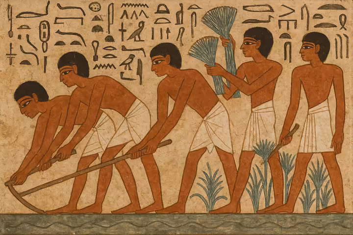 Detail of an Ancient Egyptian tomb mural showing figures in profile engaged in a narrative scene with hieroglyphs.