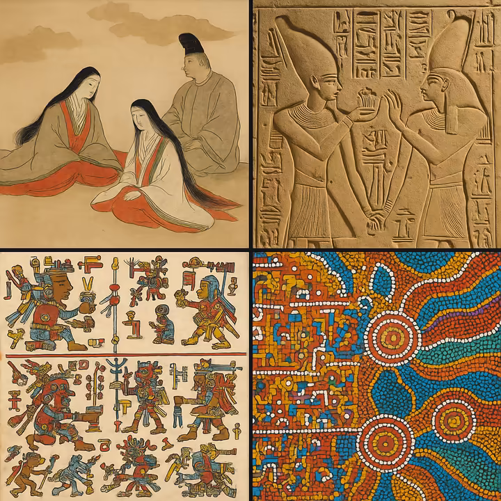A vibrant collage showcasing diverse examples of narrative art from around the world, including Japanese emakimono, an Egyptian relief, a Mexican codex, and an Aboriginal dot painting.
