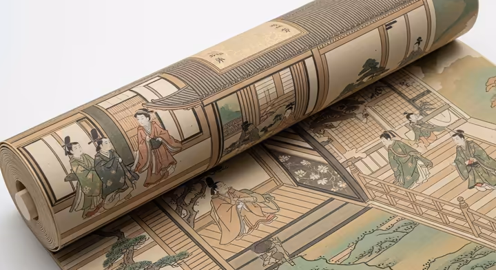 A section of a Japanese emakimono handscroll showing delicate figures in a landscape, telling a story sequentially.