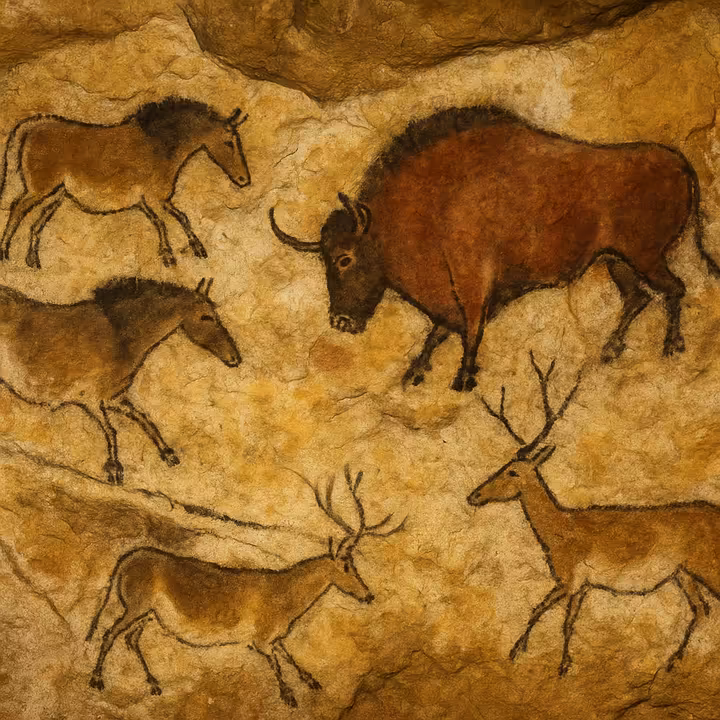 A section of a prehistoric cave painting from Lascaux, showing stylized animals like bison and horses.