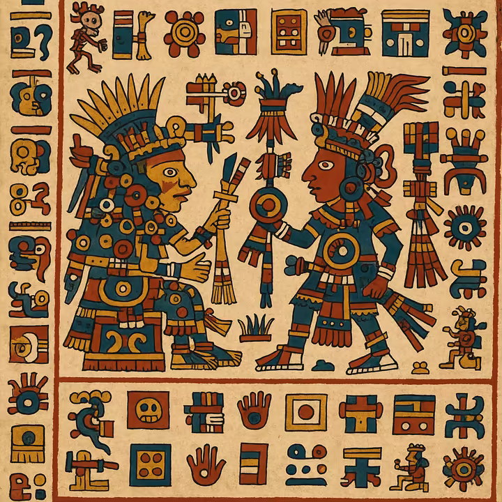 A colorful page from a pre-Columbian Mesoamerican codex, like the Codex Borgia, showing intricate pictographs and symbols.