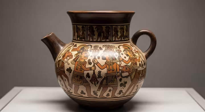A Moche ceramic stirrup-spout vessel from Peru, depicting a narrative scene with finely modeled figures.
