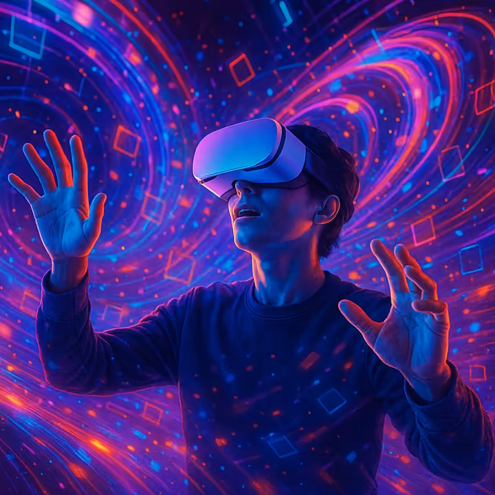 A person wearing a VR headset, immersed in a vibrant and abstract digital art environment, illustrating new media in narrative art.