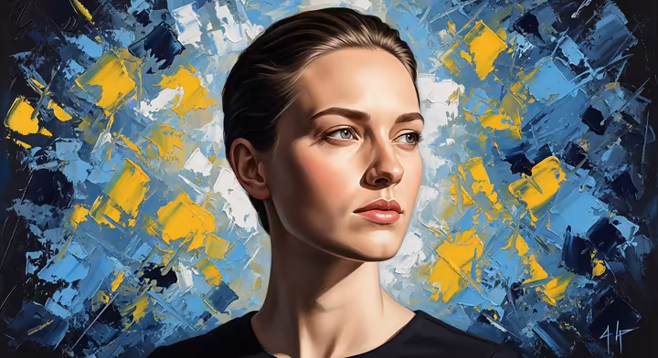 A modern portrait of a person against an abstract, textural background of colorful paint strokes.