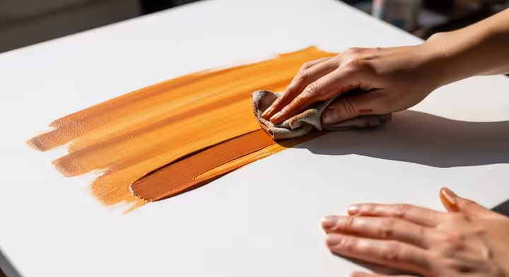 An artist using a rag to apply a thin wash of burnt sienna color to a white canvas.