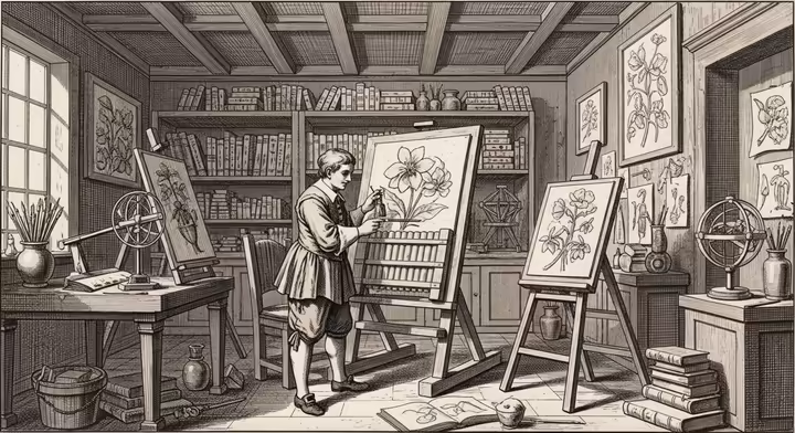 A vintage-style illustration showing an artist using a wooden pantograph to scale a drawing in their workshop.