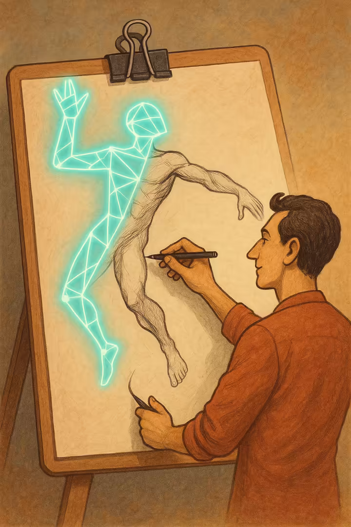 A metaphorical illustration of an artist drawing, where part of the subject is supported by glowing, transparent scaffolding representing a tracing guide.